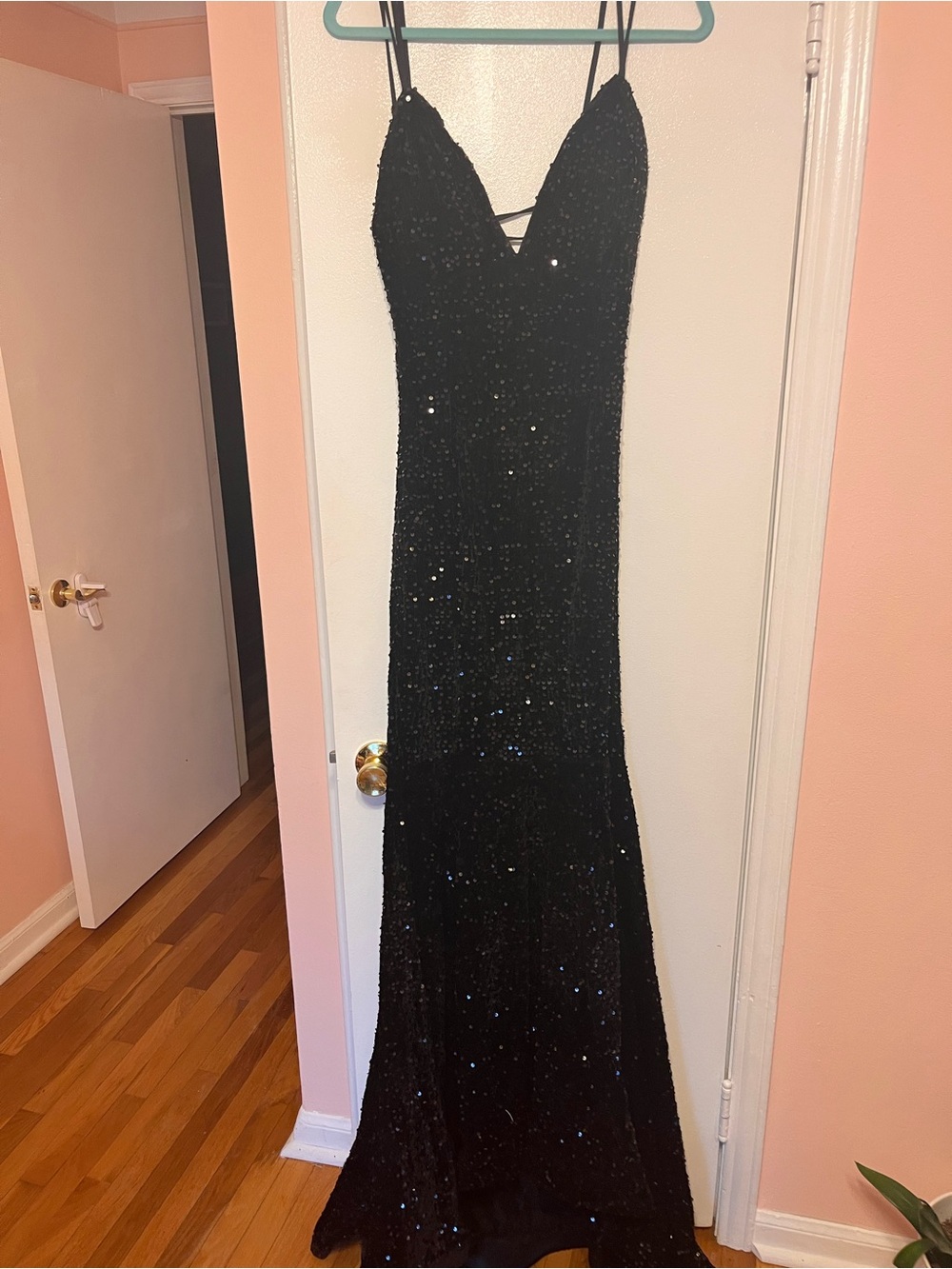 Black Sequin Spaghetti-Strap Prom Dress